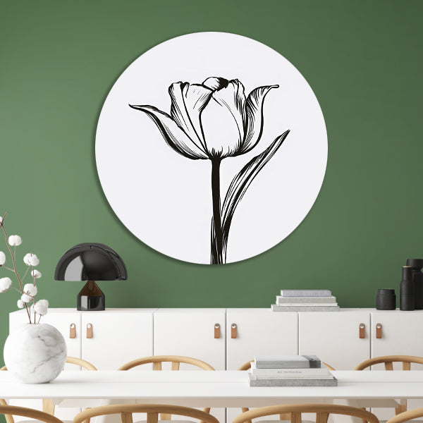 Zwarte lijnen, witte tulp, minimalistisch design aluminium muurcirkel