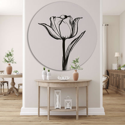 Zwarte lijnen, witte tulp, minimalistisch design aluminium muurcirkel