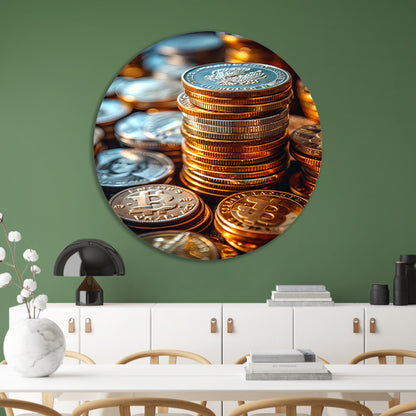 Stapel Munten en Bitcoin in Warm Licht aluminium muurcirkel