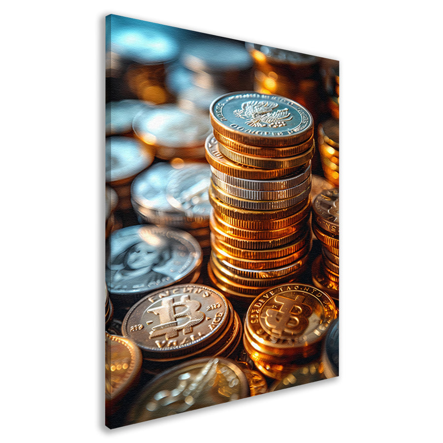 Stapel Munten en Bitcoin in Warm Licht canvas