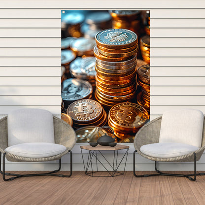Stapel Munten en Bitcoin in Warm Licht tuinposter