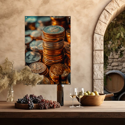 Stapel Munten en Bitcoin in Warm Licht tuinposter