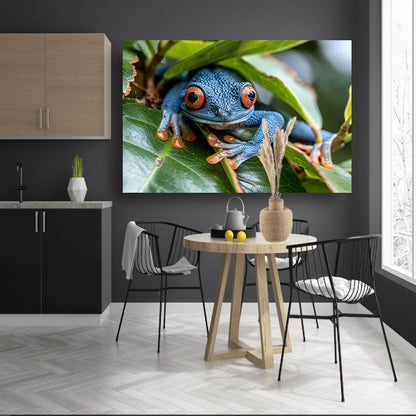 Groene kikker op blad canvas