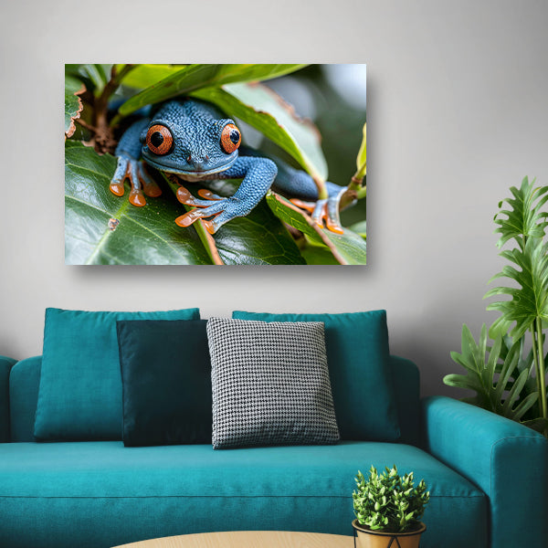 Groene kikker op blad canvas met baklijst