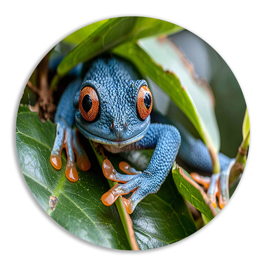 Groene kikker op blad aluminium muurcirkel