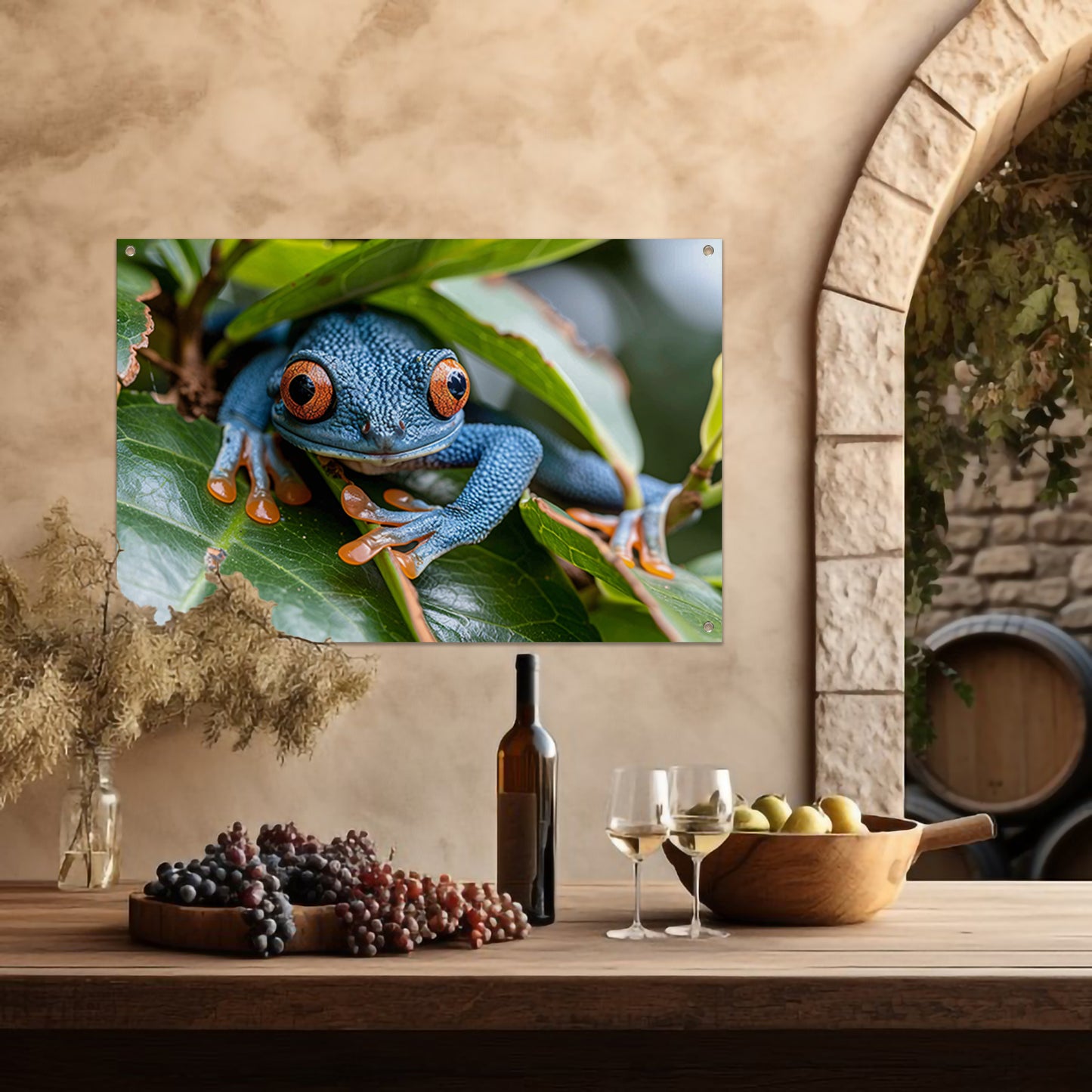Groene kikker op blad tuinposter