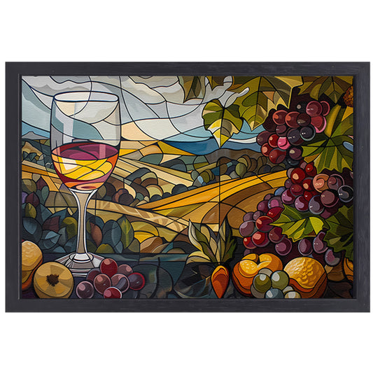 Kubistisch landschap met wijn en druiven canvas met baklijst