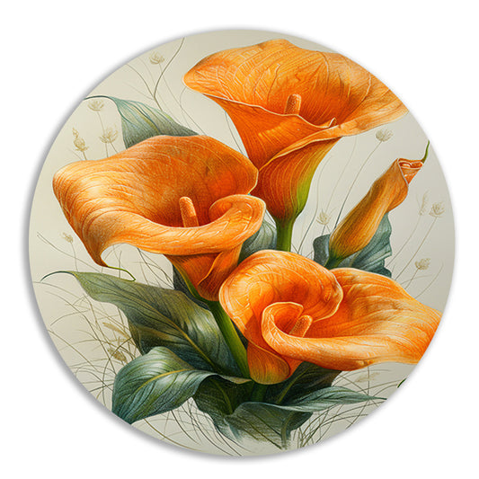 Oranje calla lelies met elegante groene bladeren forex muurcirkel
