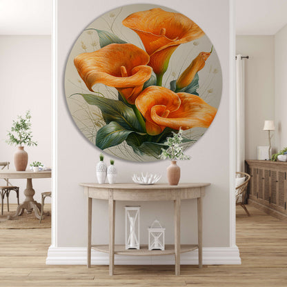 Oranje calla lelies met elegante groene bladeren forex muurcirkel