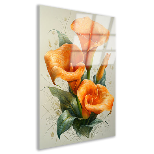 Oranje calla lelies met elegante groene bladeren acrylglas