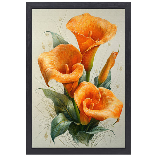 Oranje calla lelies met elegante groene bladeren canvas met baklijst