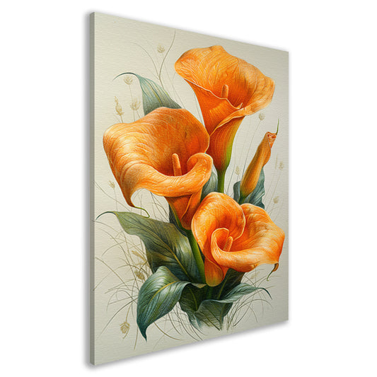 Oranje calla lelies met elegante groene bladeren canvas