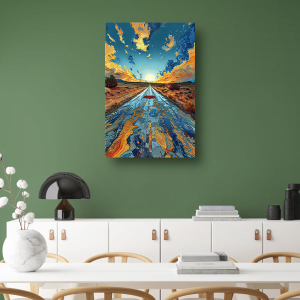 Digitale Kunst van een Weg in de Zonsondergang canvas met baklijst
