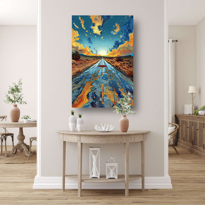 Digitale Kunst van een Weg in de Zonsondergang canvas met baklijst