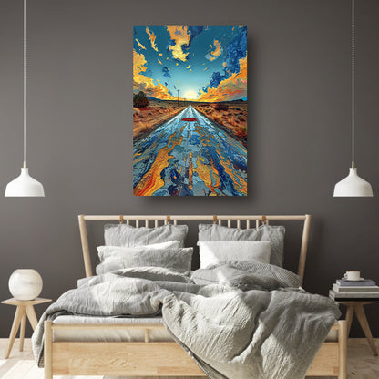 Digitale Kunst van een Weg in de Zonsondergang canvas met baklijst