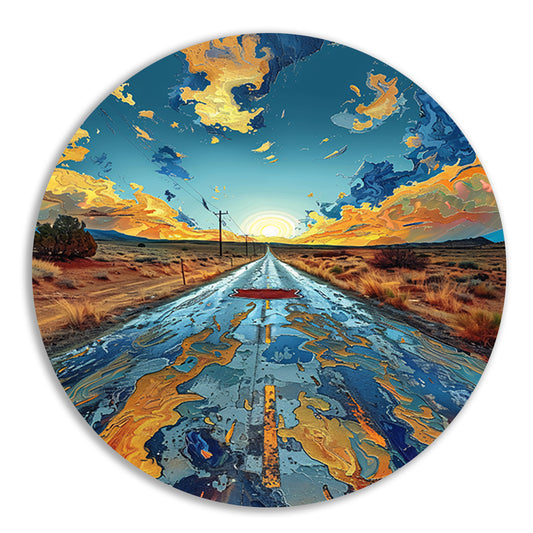 Digitale Kunst van een Weg in de Zonsondergang aluminium muurcirkel