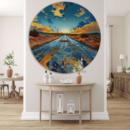 Digitale Kunst van een Weg in de Zonsondergang aluminium muurcirkel