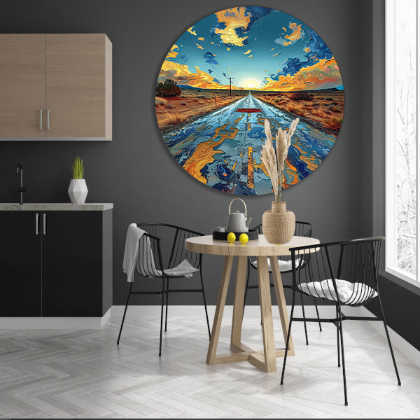 Digitale Kunst van een Weg in de Zonsondergang aluminium muurcirkel