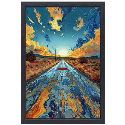 Digitale Kunst van een Weg in de Zonsondergang canvas met baklijst