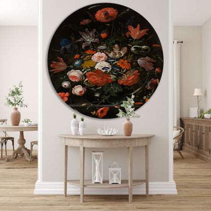 Bloemen in een glazen vaas - Abraham Mignon aluminium muurcirkel