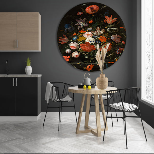 Bloemen in een glazen vaas - Abraham Mignon aluminium muurcirkel