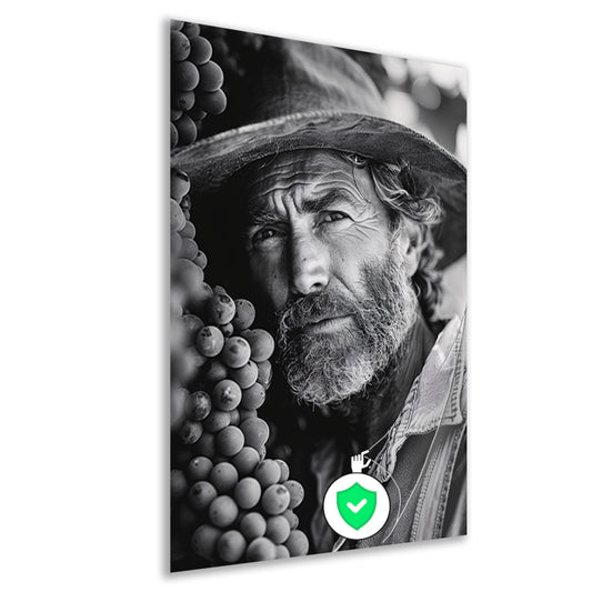 Portret van een wijngaardenier met druiven poster