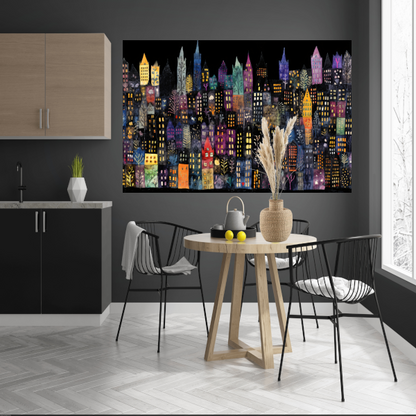 Kleurrijke Stad bij Nacht canvas met baklijst