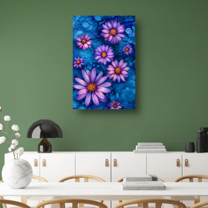 Paarse bloemen tegen blauwe achtergrond canvas