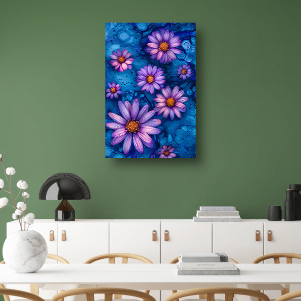 Paarse bloemen tegen blauwe achtergrond poster