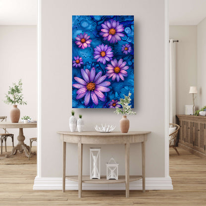 Paarse bloemen tegen blauwe achtergrond canvas