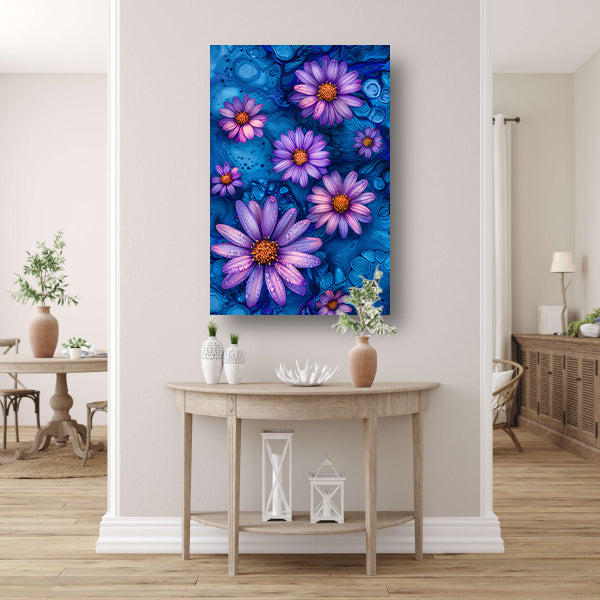 Paarse bloemen tegen blauwe achtergrond poster