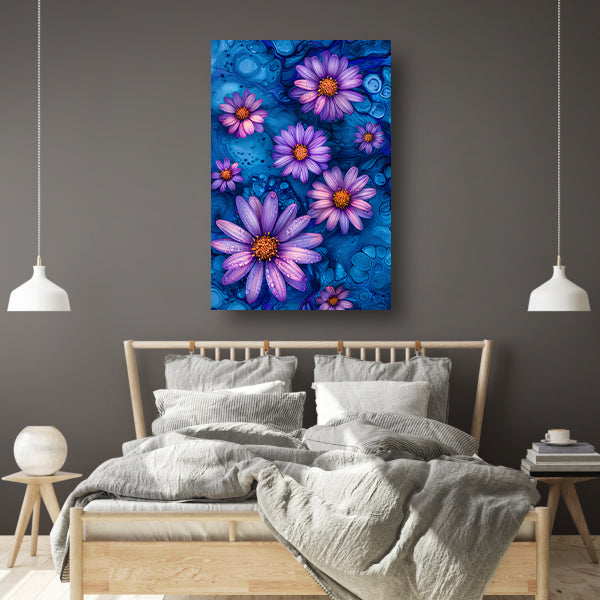 Paarse bloemen tegen blauwe achtergrond poster