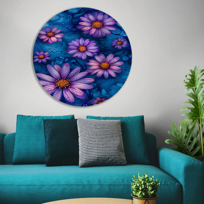 Paarse bloemen tegen blauwe achtergrond forex muurcirkel