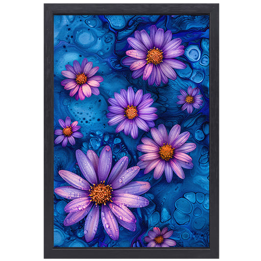 Paarse bloemen tegen blauwe achtergrond canvas met baklijst
