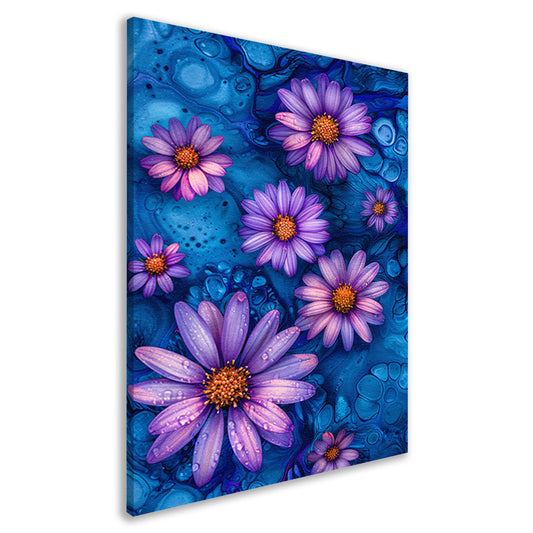 Paarse bloemen tegen blauwe achtergrond canvas