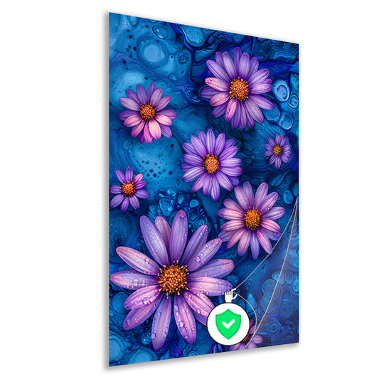 Paarse bloemen tegen blauwe achtergrond poster