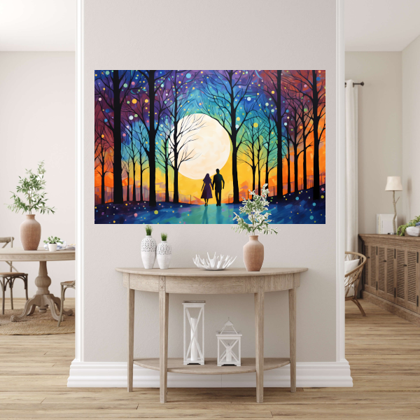Romantische Avondwandeling Kleurrijk Bos canvas met baklijst