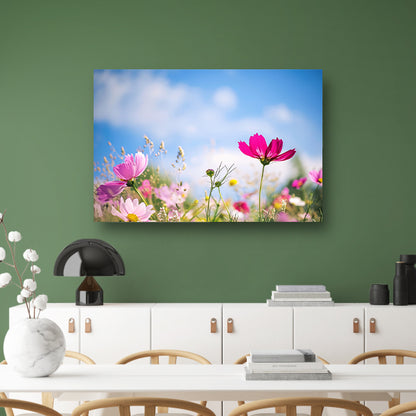 Heldere bloemen tegen een blauwe hemel poster