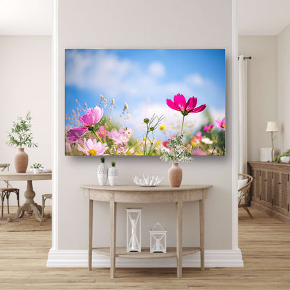 Heldere bloemen tegen een blauwe hemel poster