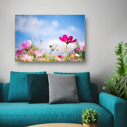 Heldere bloemen tegen een blauwe hemel poster