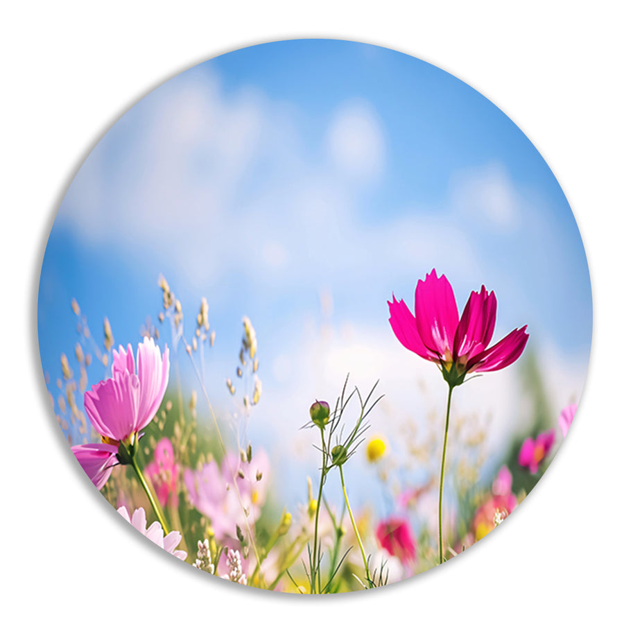 Heldere bloemen tegen een blauwe hemel   aluminium muurcirkel