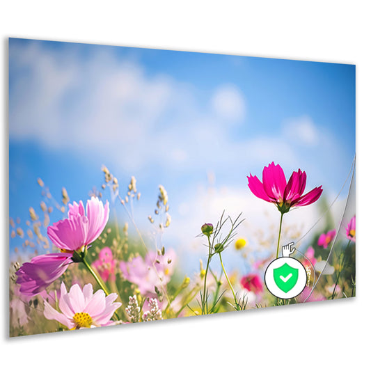 Heldere bloemen tegen een blauwe hemel poster
