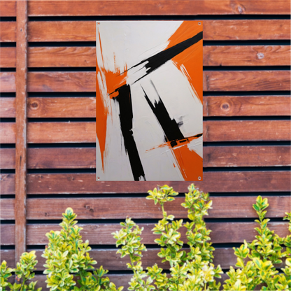 Dynamische abstractie in zwart, wit en oranje tuinposter