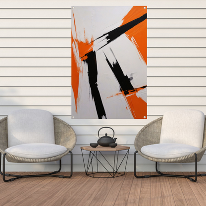 Dynamische abstractie in zwart, wit en oranje tuinposter