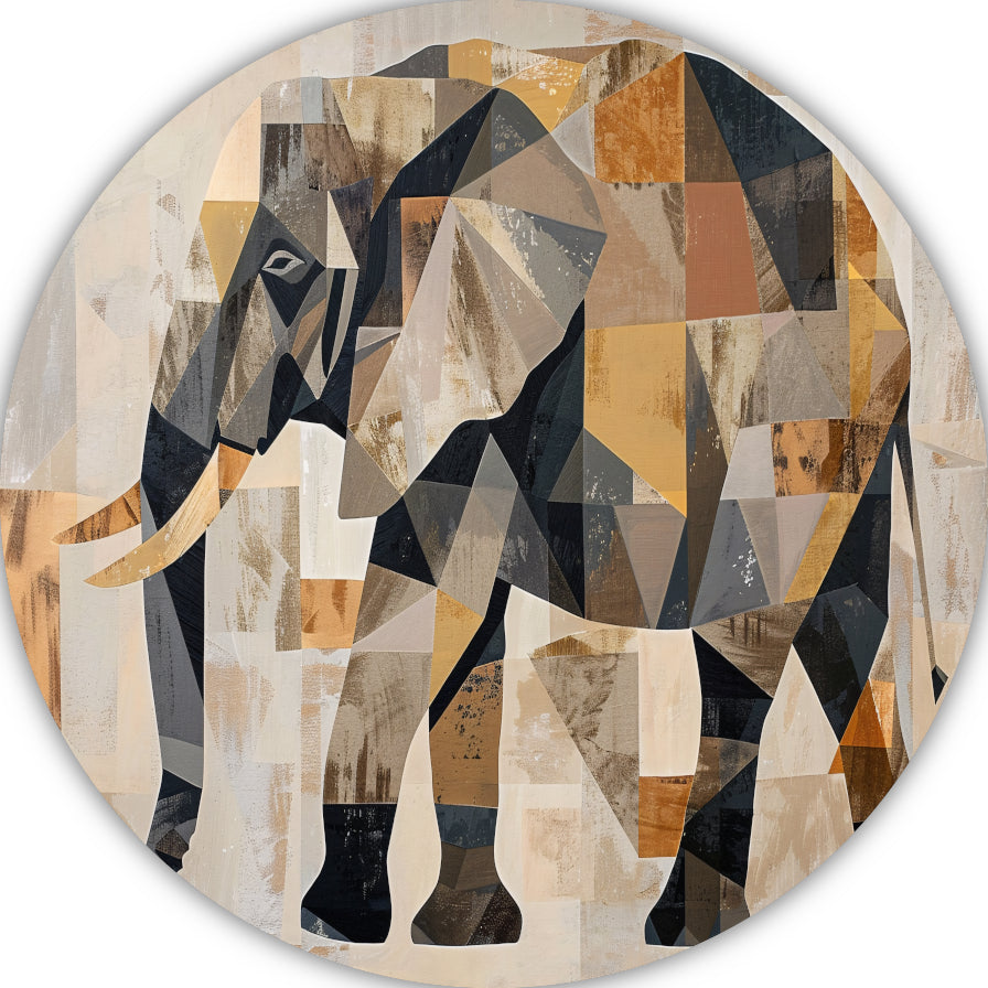 Geometrische Abstracte Olifant in Sepia aluminium muurcirkel