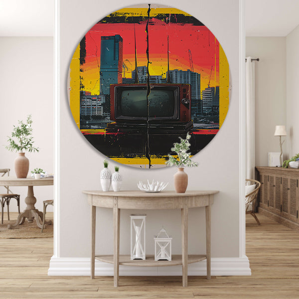 Retro TV en Modern stadsgezicht aluminium muurcirkel