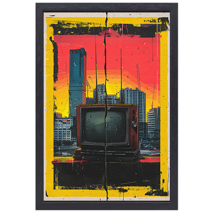 Retro TV en Modern stadsgezicht canvas met baklijst