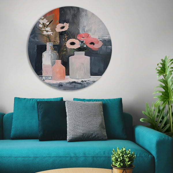 Moderne abstracte bloemen in vazen schilderij aluminium muurcirkel