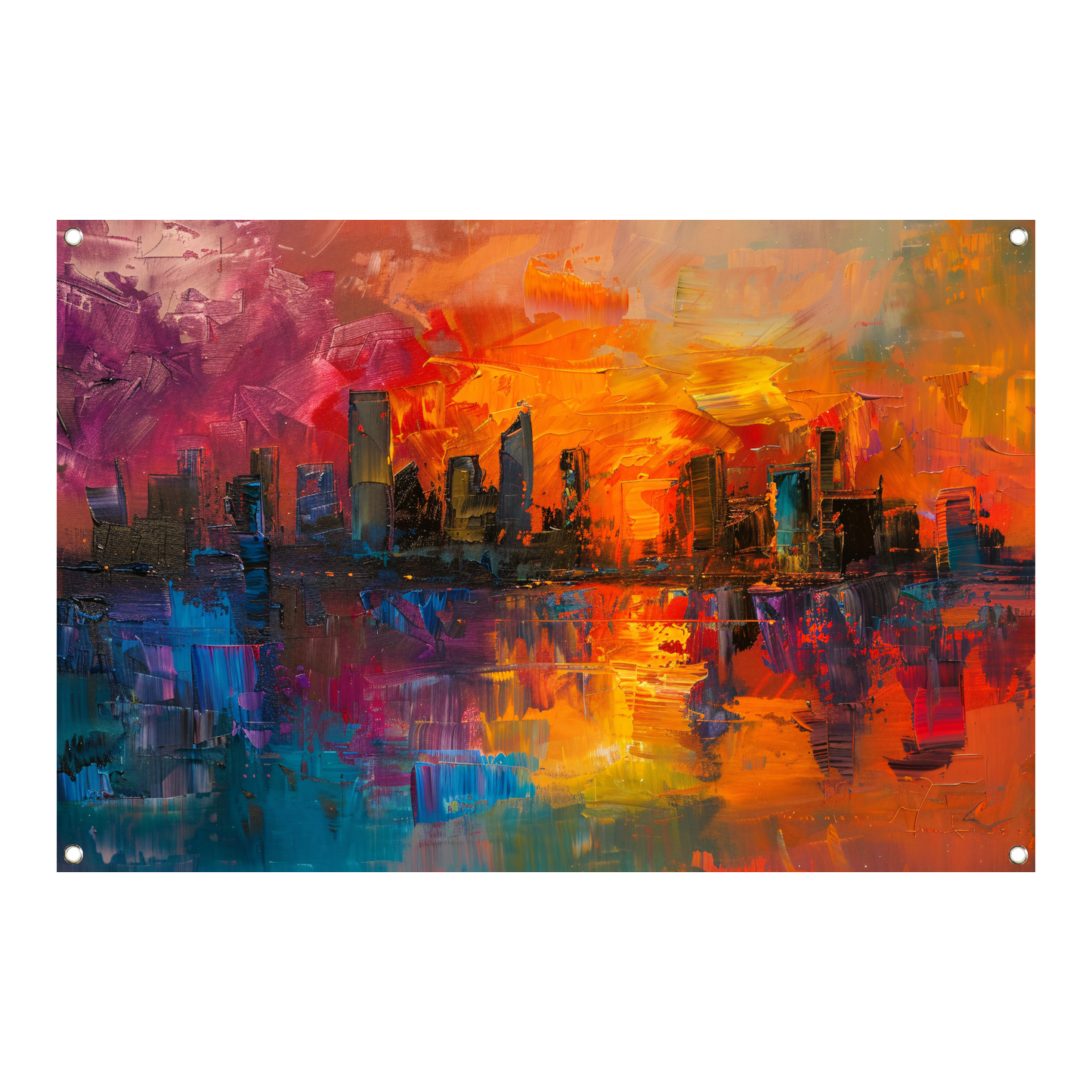 Kleurrijke abstracte skyline bij zonsondergang reflectie tuinposter