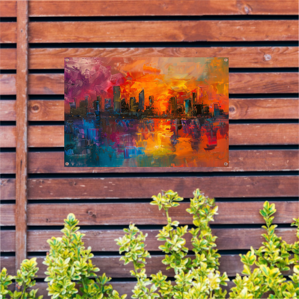 Kleurrijke abstracte skyline bij zonsondergang reflectie tuinposter